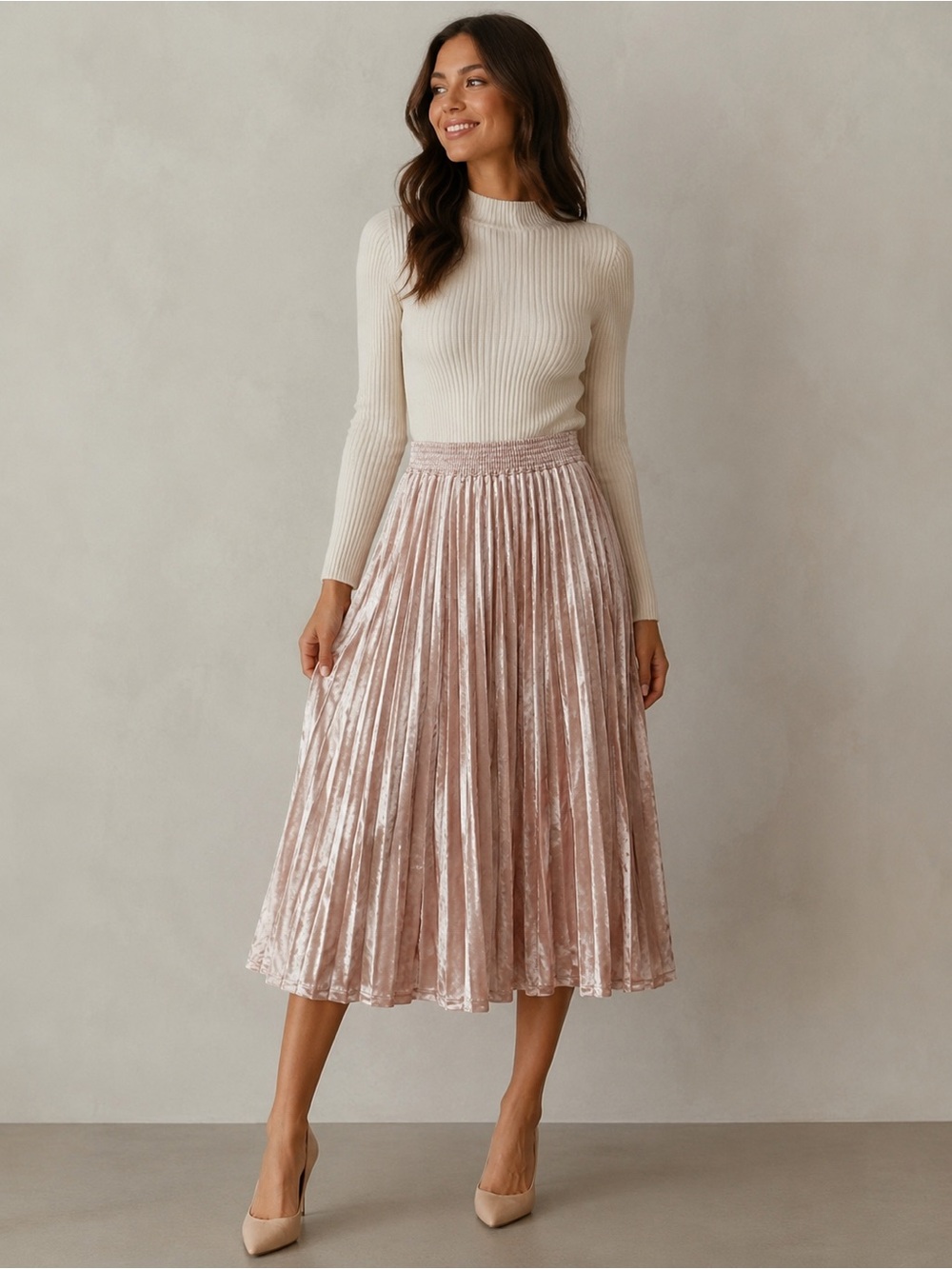 a new day Blush Pink Pleated Crushed Velvet Midi Skirt Elastic Waistband Small